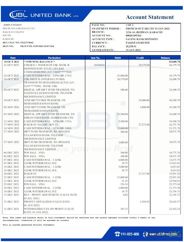Relevé bancaire UBL du Pakistan Modèle Word et PDF scr